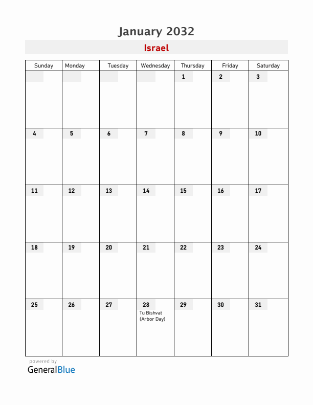Israel January 2032 Calendar with Holidays