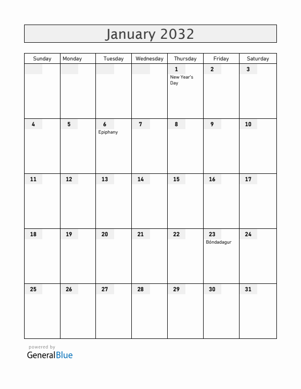 Iceland January 2032 Calendar with Holidays