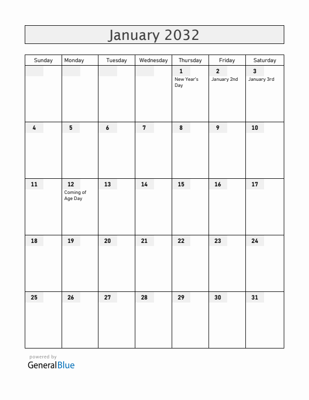 Japan January 2032 Calendar with Holidays
