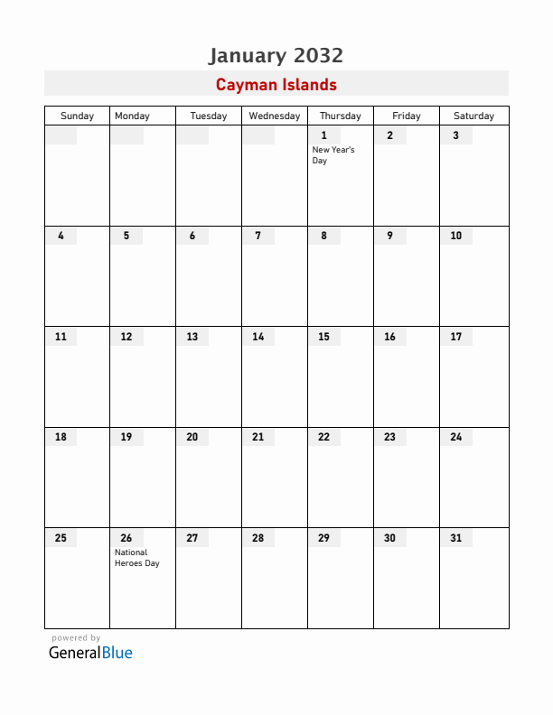 Cayman Islands January 2032 Calendar with Holidays