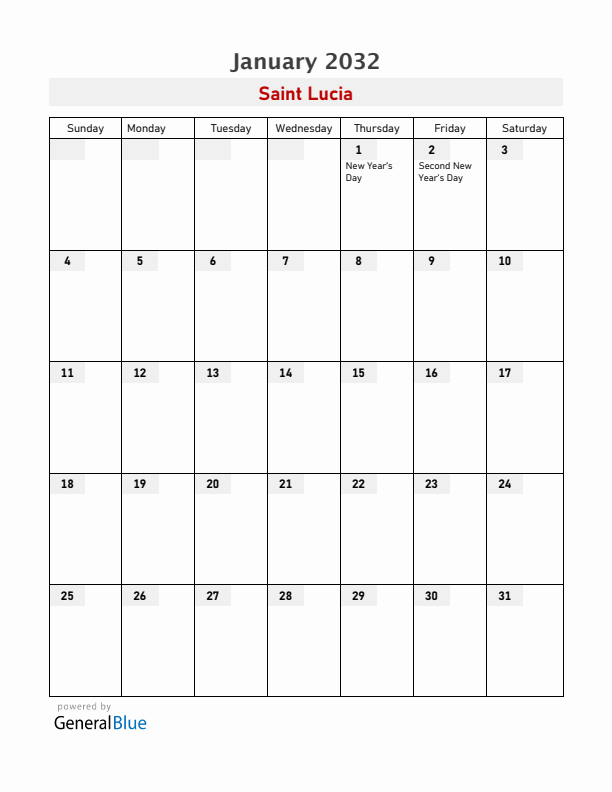 Saint Lucia January 2032 Calendar with Holidays