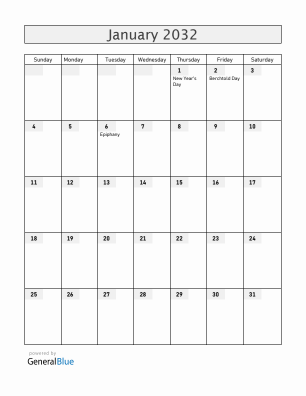 Liechtenstein January 2032 Calendar with Holidays