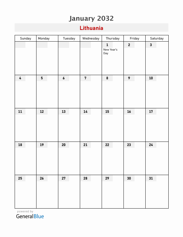 Lithuania January 2032 Calendar with Holidays