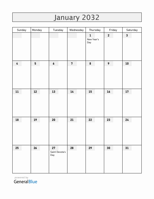 Monaco January 2032 Calendar with Holidays