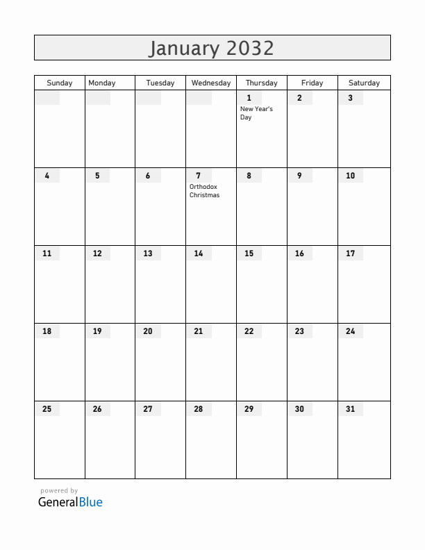 Moldova January 2032 Calendar with Holidays