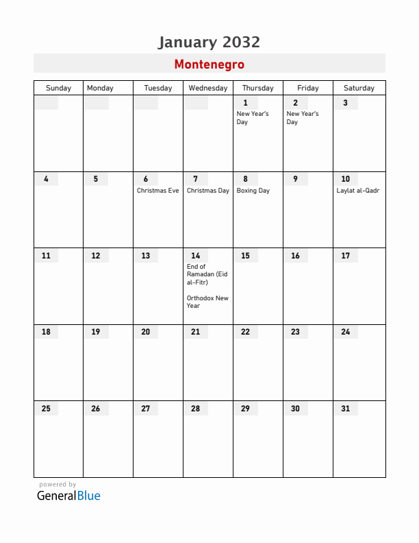 Montenegro January 2032 Calendar with Holidays