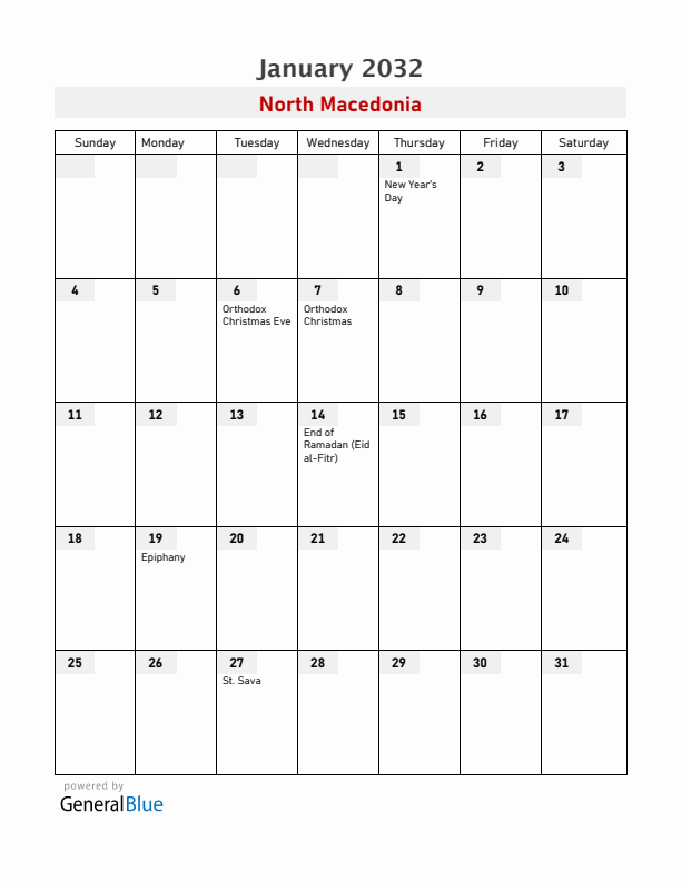 North Macedonia January 2032 Calendar with Holidays