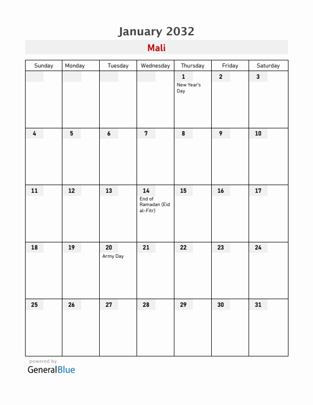 Mali January 2032 Calendar with Holidays