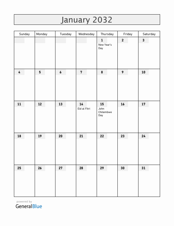 Malawi January 2032 Calendar with Holidays