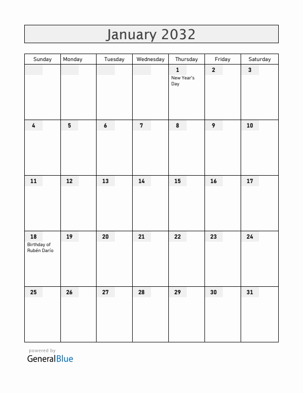 Nicaragua January 2032 Calendar with Holidays