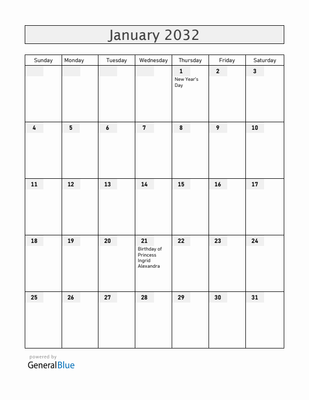 Norway January 2032 Calendar with Holidays