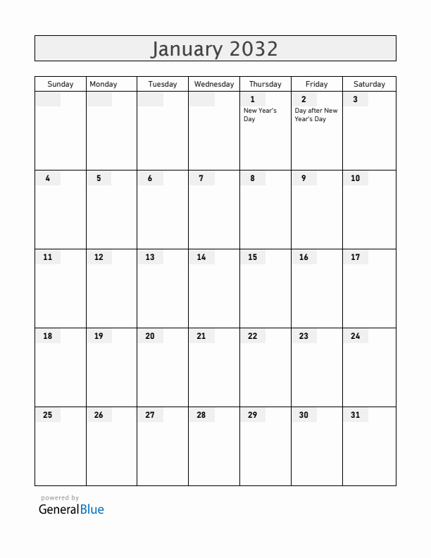 New Zealand January 2032 Calendar with Holidays