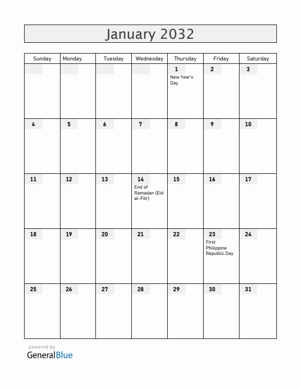 Philippines January 2032 Calendar with Holidays