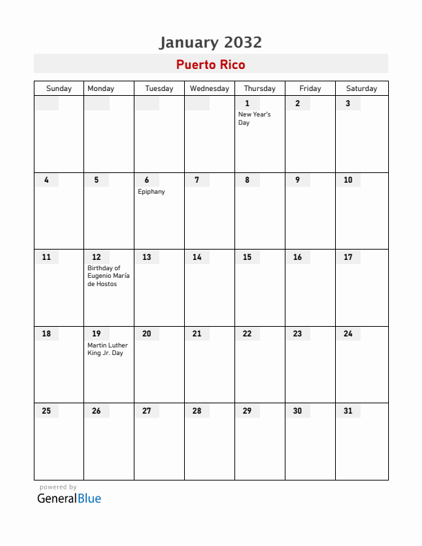 Puerto Rico January 2032 Calendar with Holidays