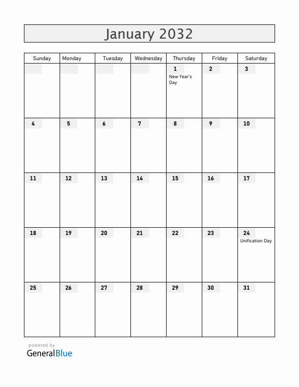 Romania January 2032 Calendar with Holidays