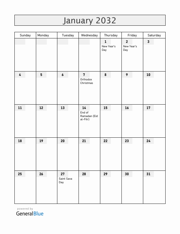 Serbia January 2032 Calendar with Holidays