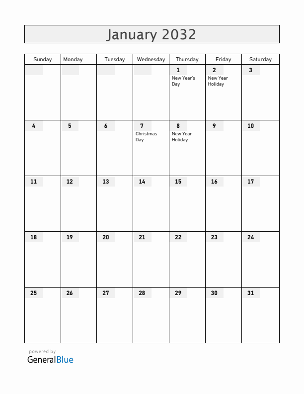 Russia January 2032 Calendar with Holidays