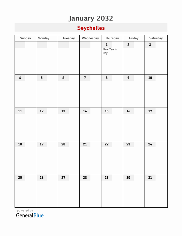 Seychelles January 2032 Calendar with Holidays