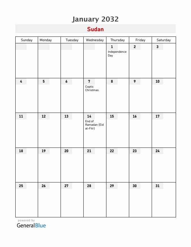 Sudan January 2032 Calendar with Holidays