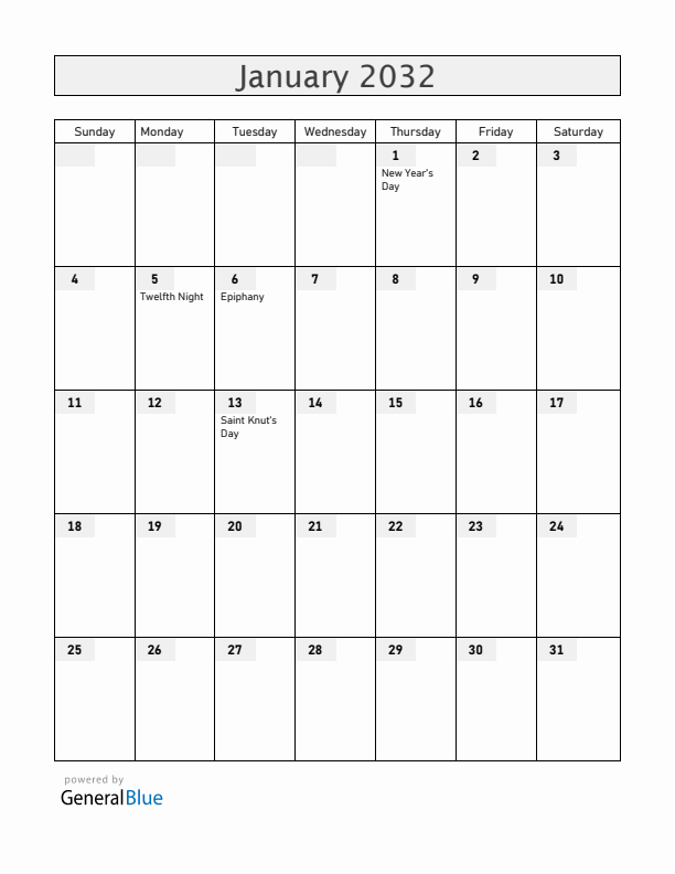 Sweden January 2032 Calendar with Holidays