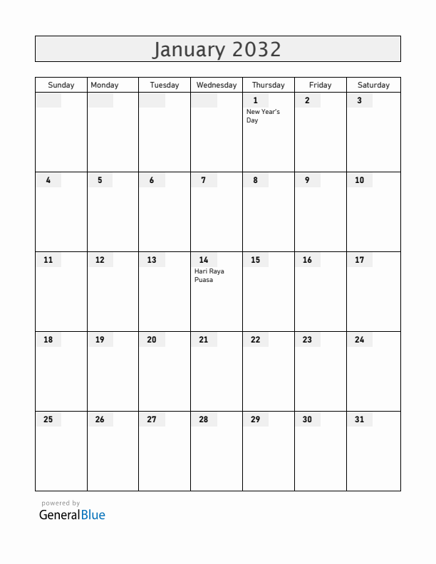 Singapore January 2032 Calendar with Holidays
