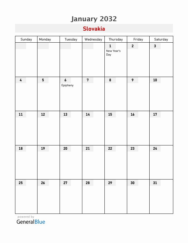 Slovakia January 2032 Calendar with Holidays