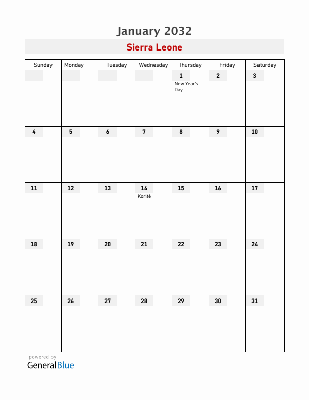 Sierra Leone January 2032 Calendar with Holidays