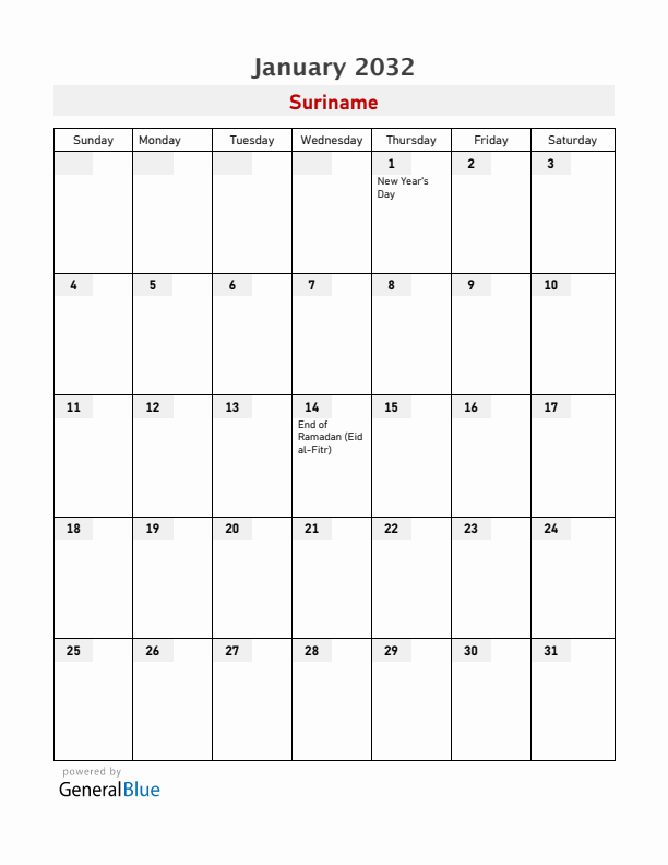 Suriname January 2032 Calendar with Holidays