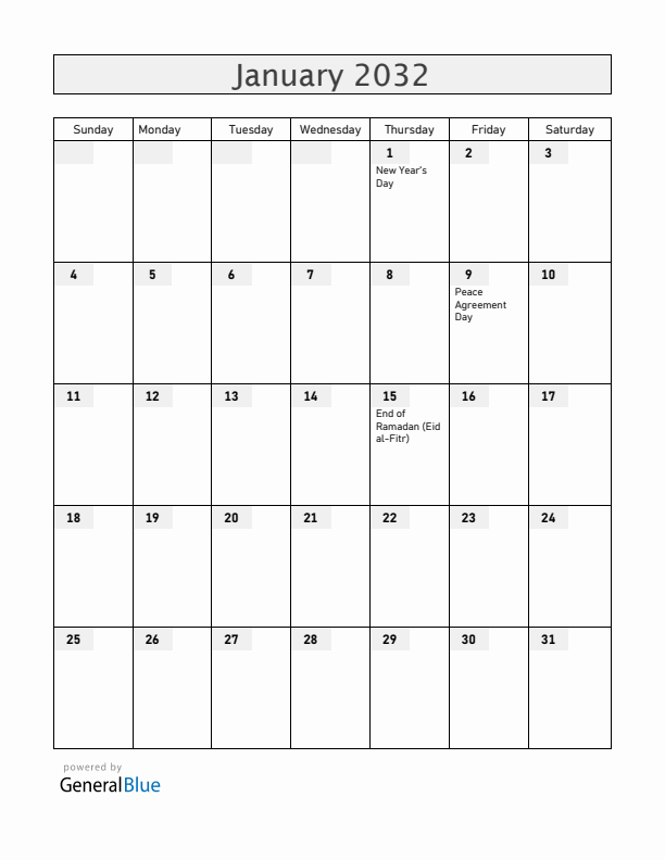 South Sudan January 2032 Calendar with Holidays