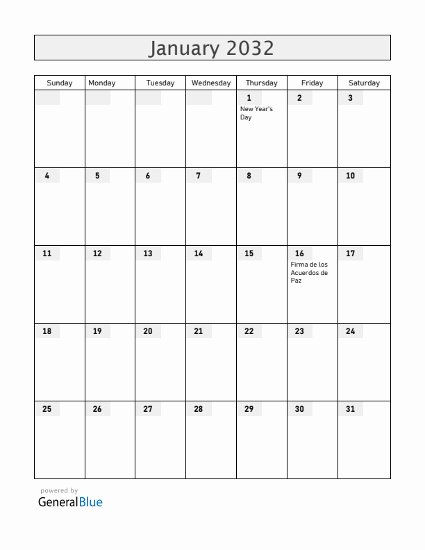 El Salvador January 2032 Calendar with Holidays