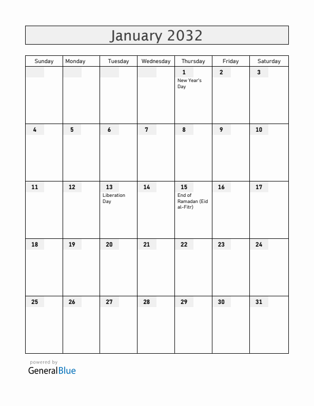 Togo January 2032 Calendar with Holidays