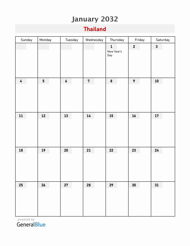 Thailand January 2032 Calendar with Holidays