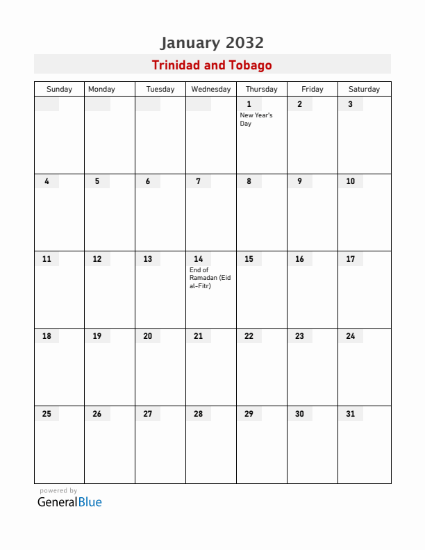 Trinidad and Tobago January 2032 Calendar with Holidays