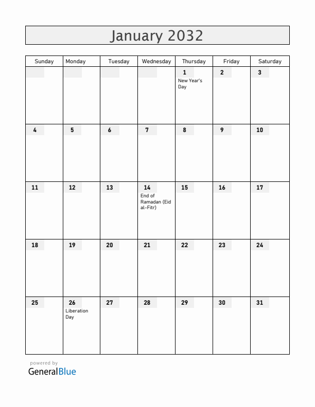 Uganda January 2032 Calendar with Holidays