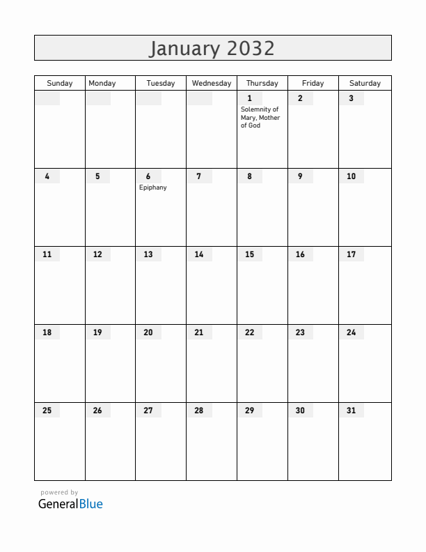 Vatican January 2032 Calendar with Holidays
