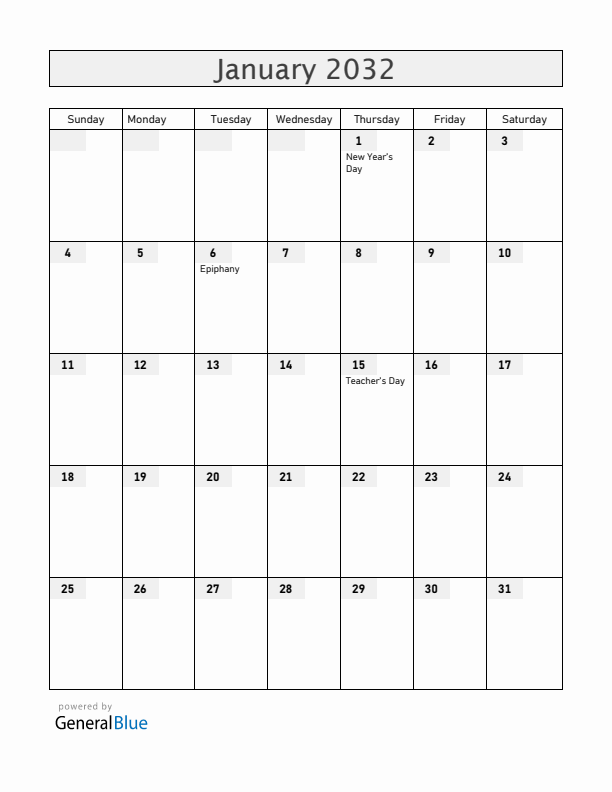 Venezuela January 2032 Calendar with Holidays