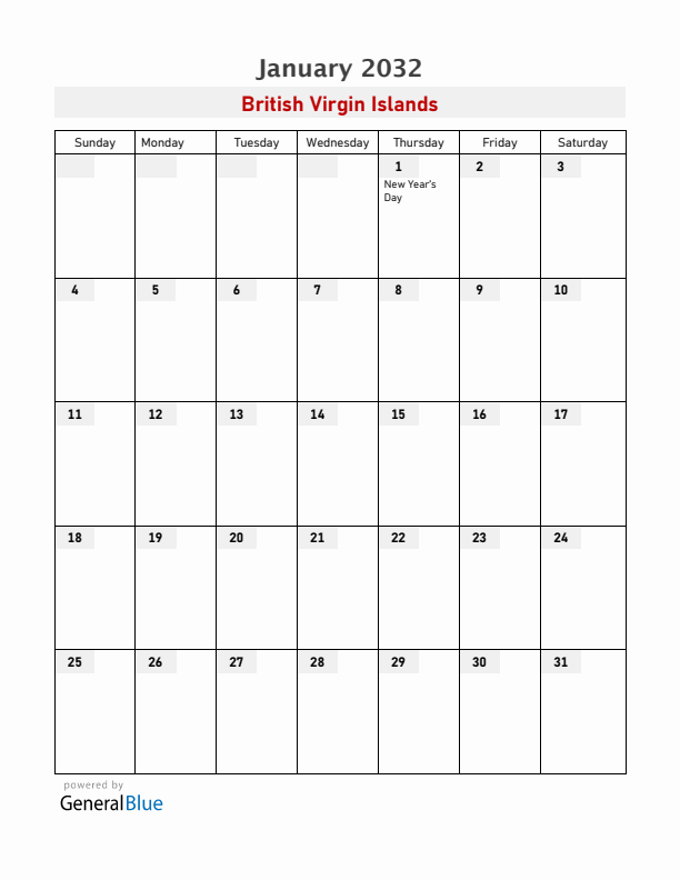 British Virgin Islands January 2032 Calendar with Holidays