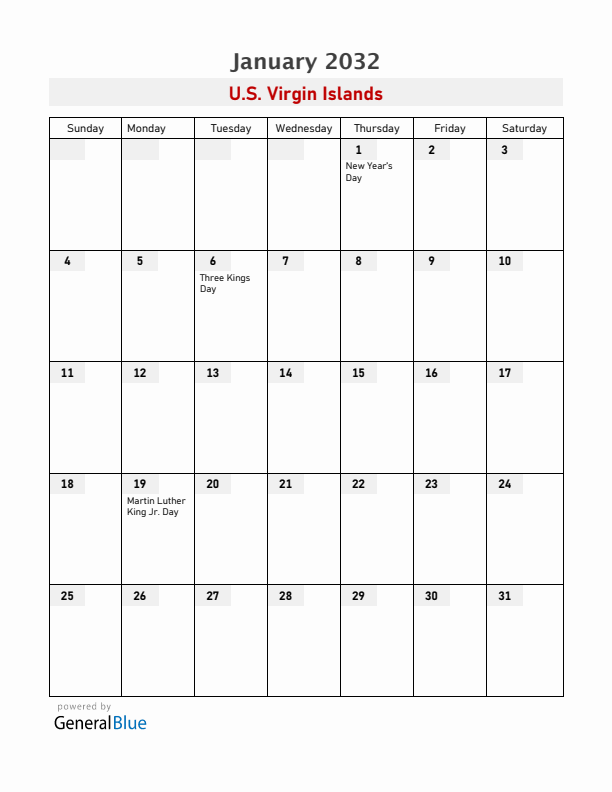 U.S. Virgin Islands January 2032 Calendar with Holidays