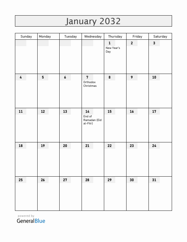 Kosovo January 2032 Calendar with Holidays