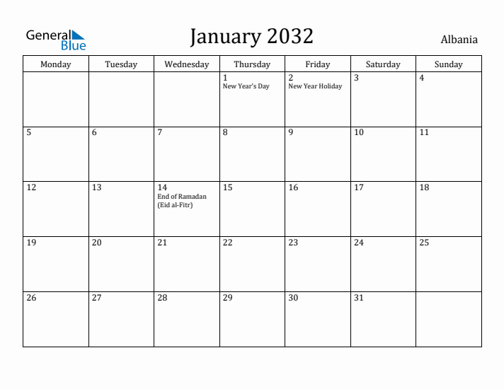 January 2032 Calendar Albania