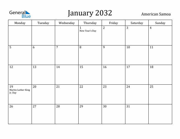 January 2032 Calendar American Samoa