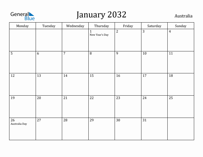 January 2032 Calendar Australia