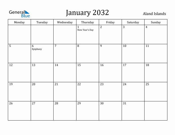 January 2032 Calendar Aland Islands