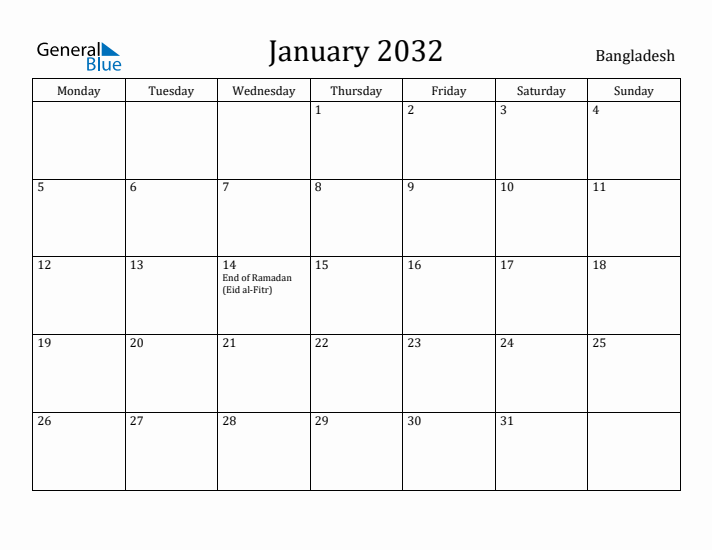 January 2032 Calendar Bangladesh