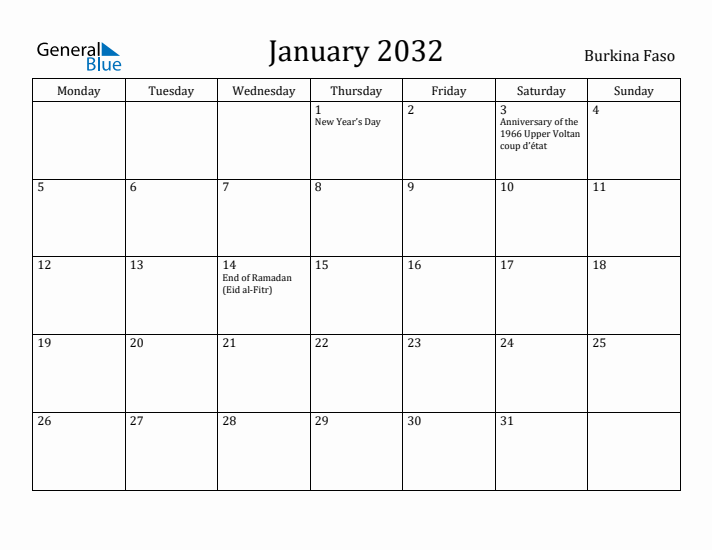 January 2032 Calendar Burkina Faso