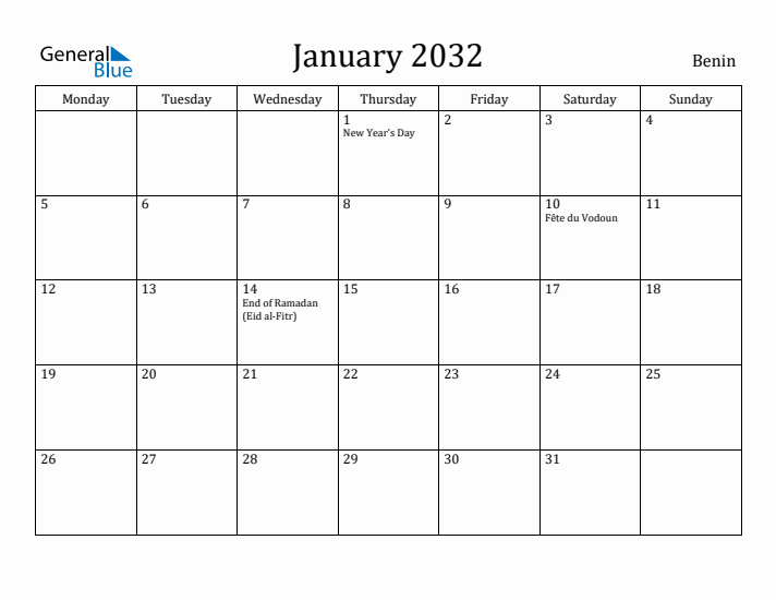 January 2032 Calendar Benin