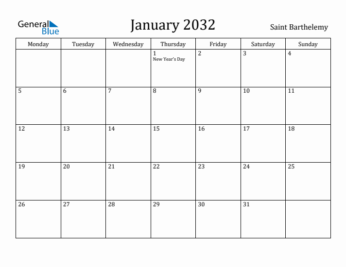 January 2032 Calendar Saint Barthelemy