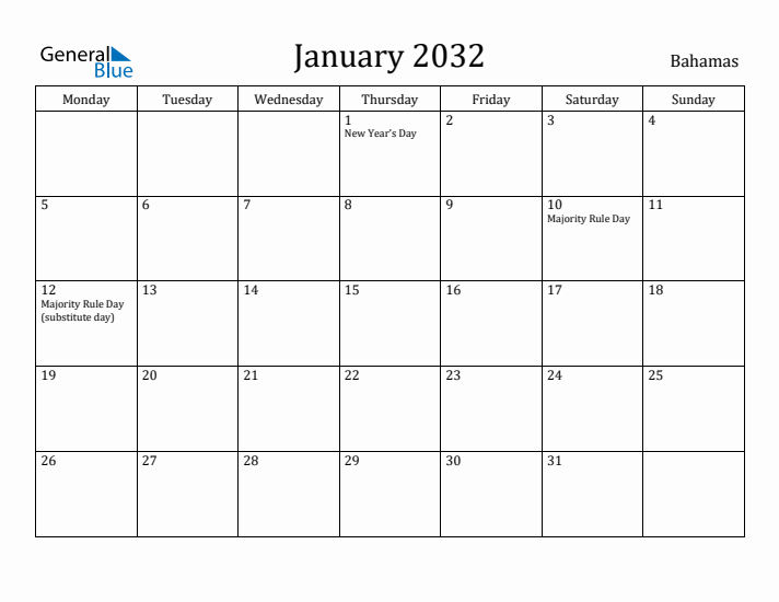 January 2032 Calendar Bahamas