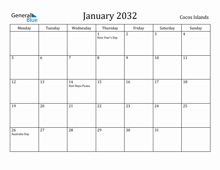 January 2032 Calendar Cocos Islands