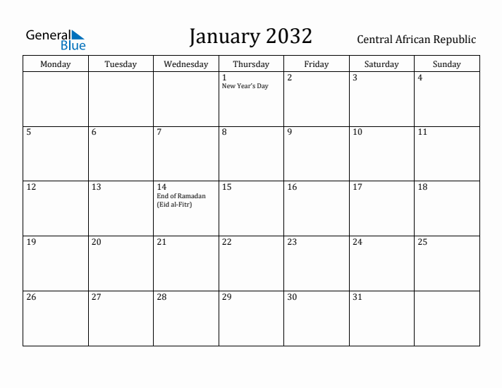 January 2032 Calendar Central African Republic